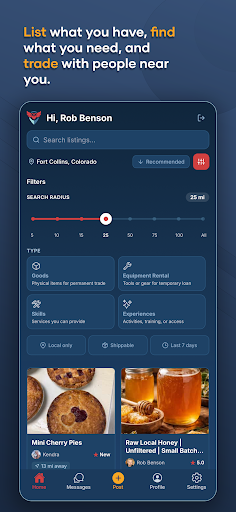 Smart Barter discovery feed showing search radius, listing type filters, and local food listings