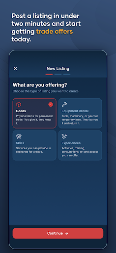 Smart Barter New Listing screen with Goods selected and options for Equipment Rental, Skills, and Experiences