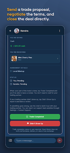 Smart Barter trade proposal with cash offered, a requested listing, meetup details, and messaging