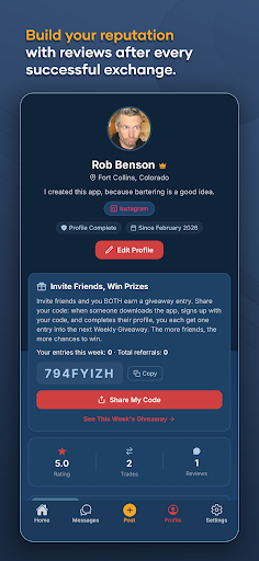 Smart Barter profile showing rating, completed trades, reviews, and profile details for Rob Benson