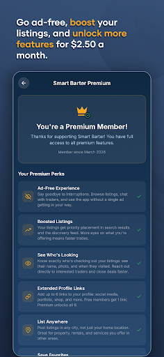 Smart Barter Premium screen showing ad-free experience, boosted listings, extended profile links, and saved favorites