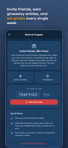 Smart Barter Referral Program screen showing giveaway entries, total referrals, and a shareable referral code